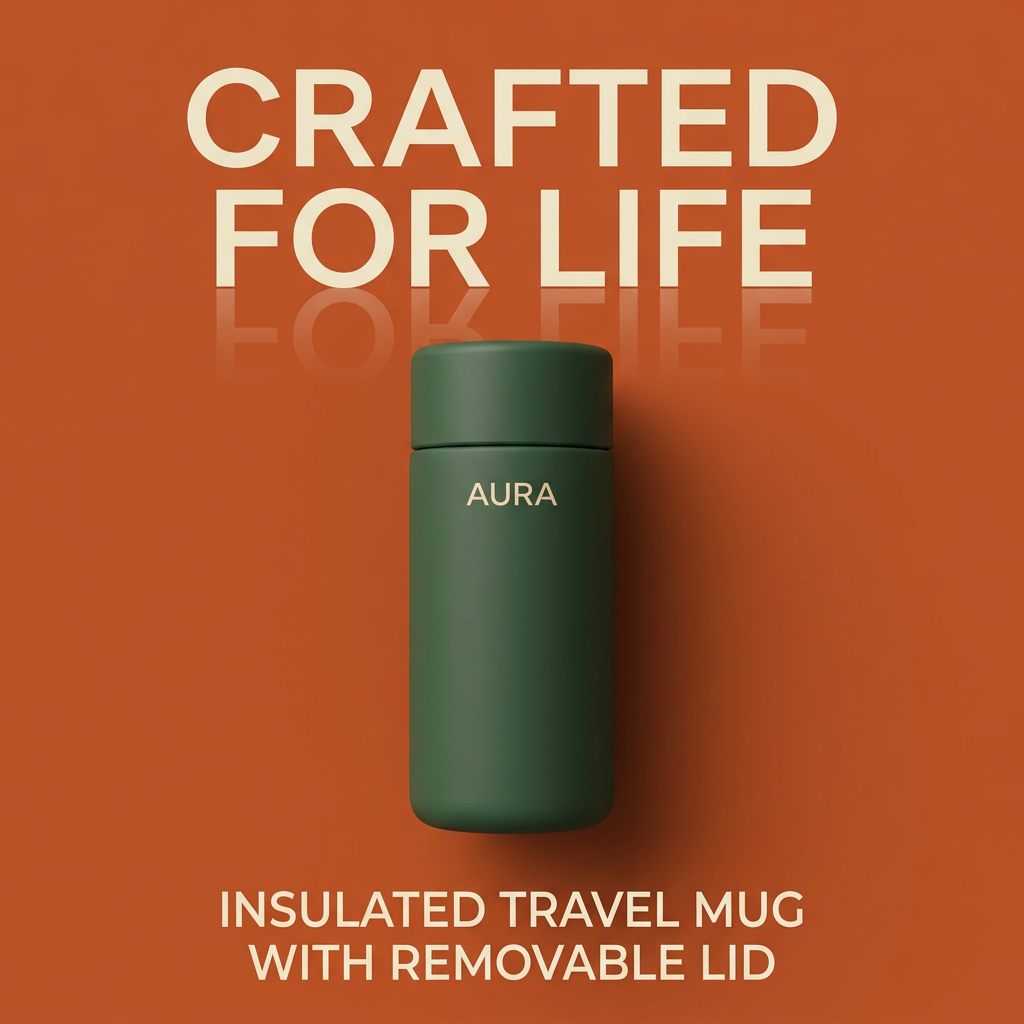 Forest green Aura insulated travel mug centred on a burnt orange background with the headline Crafted for Life