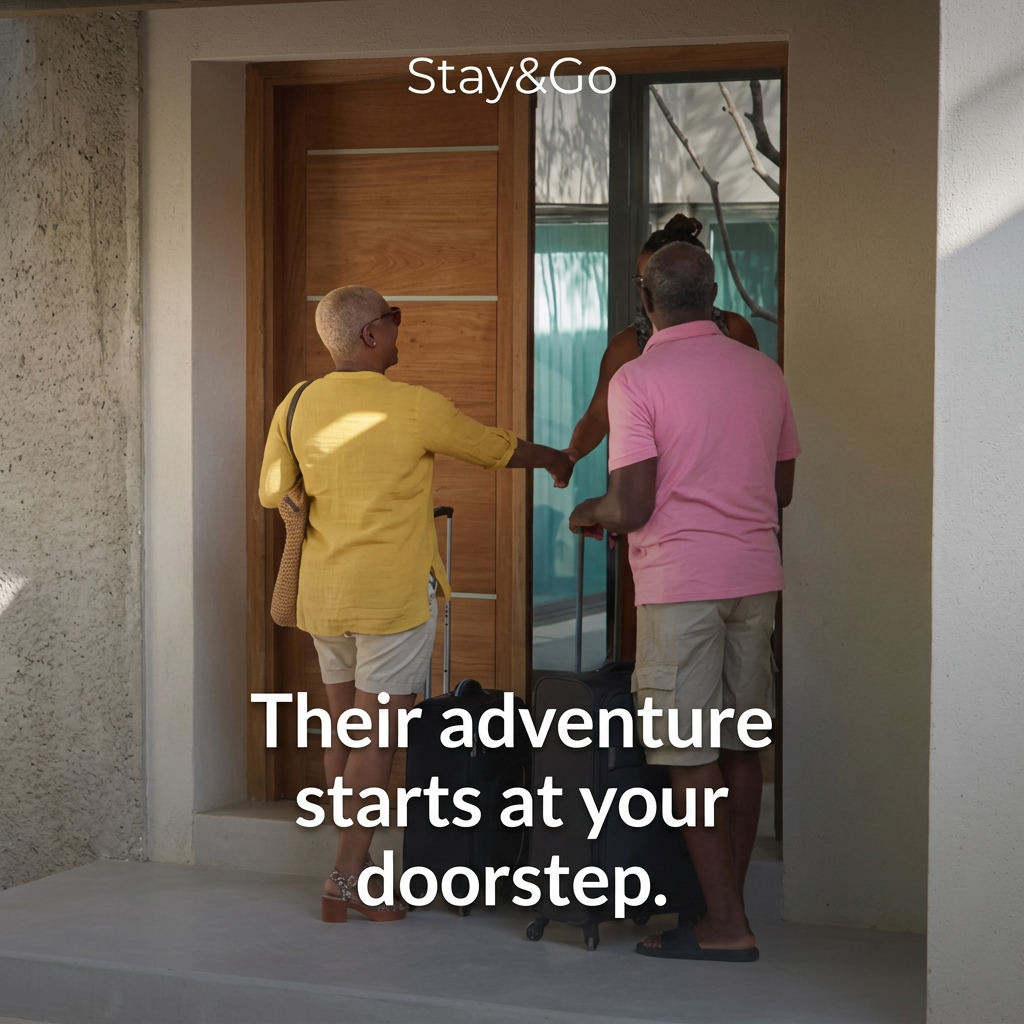 Couple with suitcases greeted by a host at a wooden front door, with text Their adventure starts at your doorstep