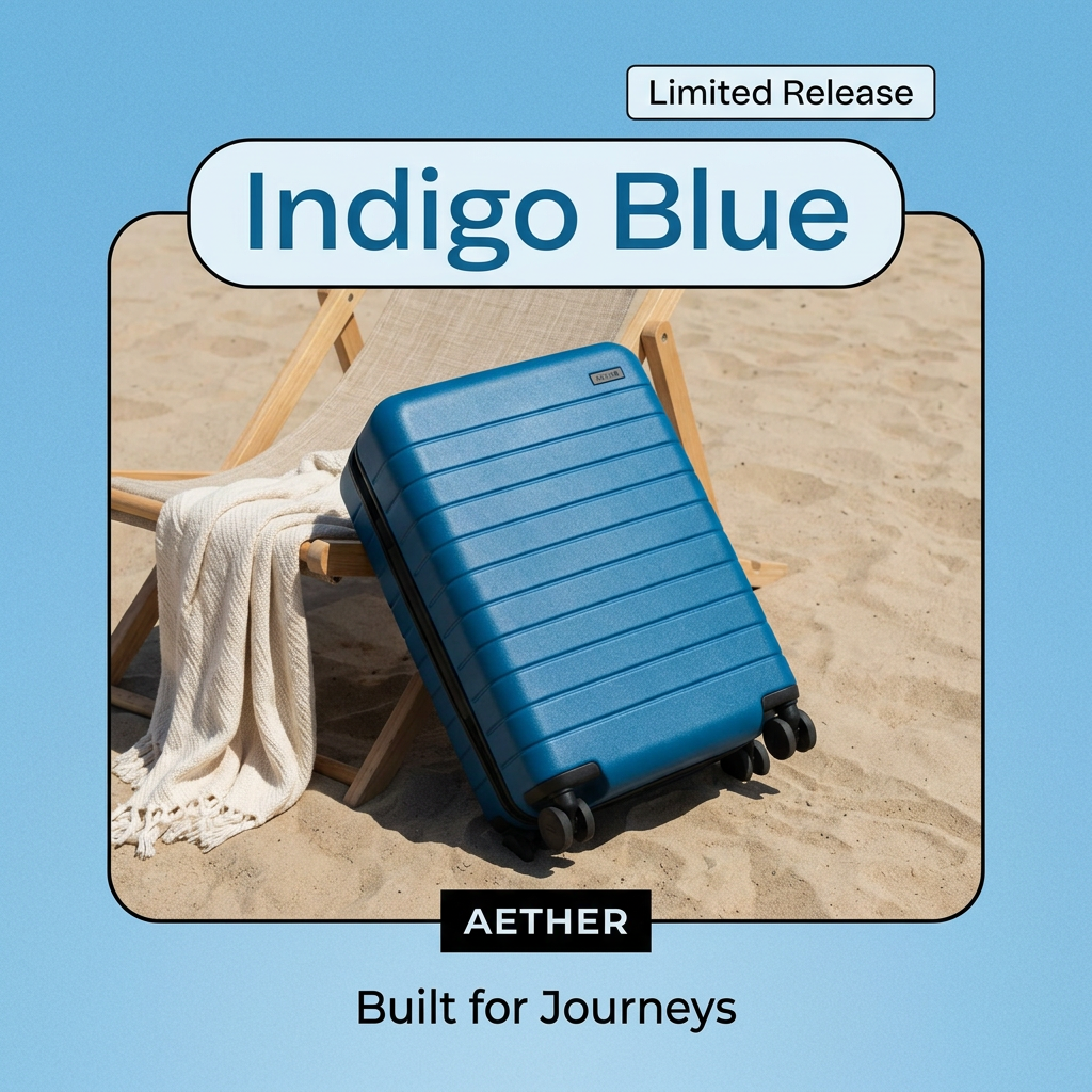 Indigo blue hard-shell suitcase leaning on a wooden beach chair with a white throw on sand, labelled Limited Release