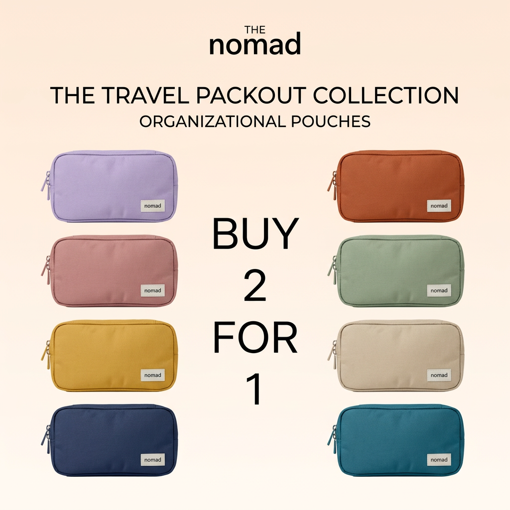 Eight colourful travel organizer pouches in two columns around large Buy 2 for 1 text on a peach background