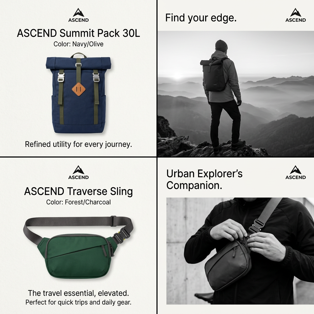 Four-panel ad with navy Ascend roll-top backpack and green sling packshots beside black-and-white mountain and city photos