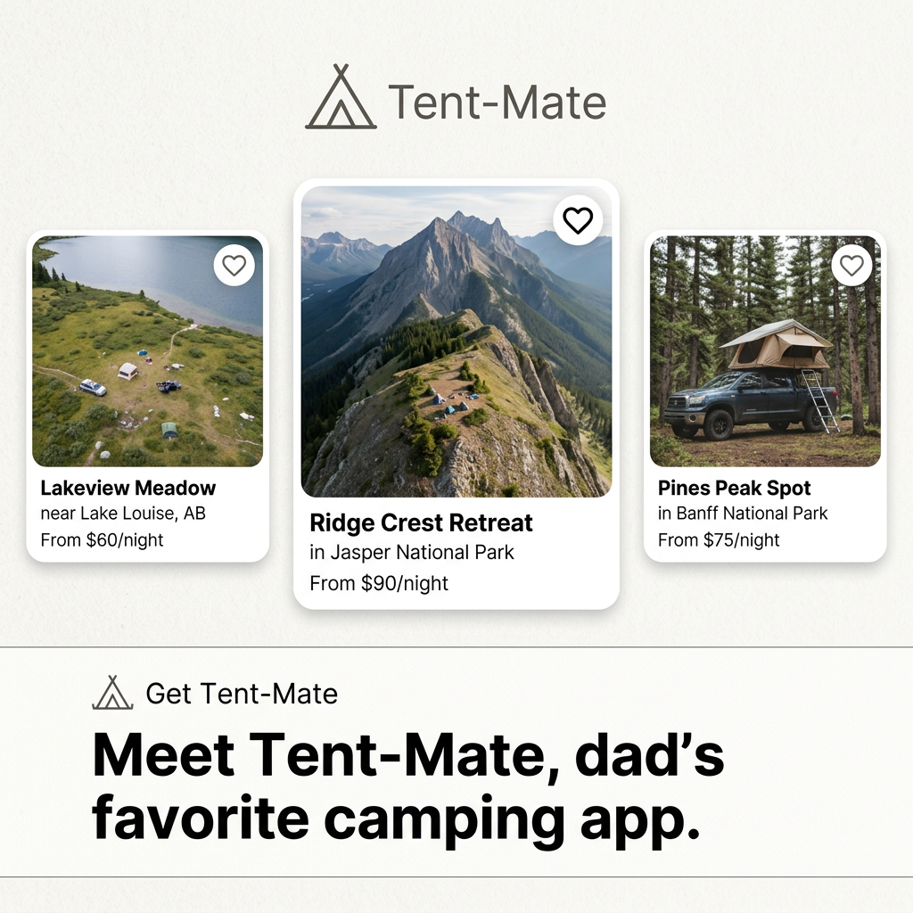 Tent-Mate camping app ad with three campsite listing cards for Lake Louise, Jasper and Banff with prices per night
