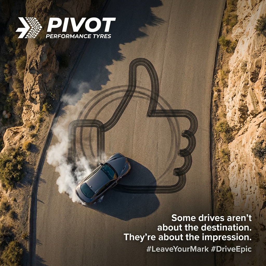 Aerial view of a sports car drifting on a canyon road, leaving tyre marks shaped like a thumbs-up, with Pivot tyres logo
