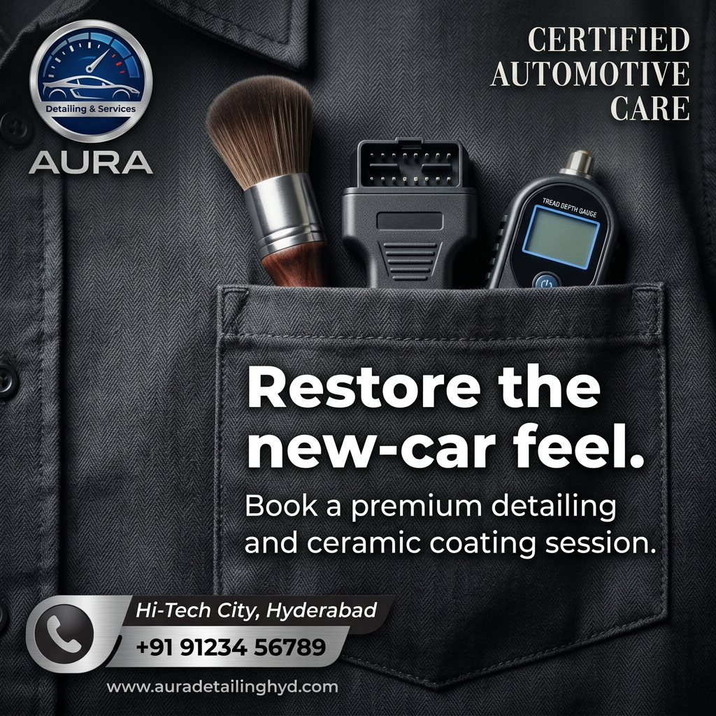Close-up of a dark work shirt pocket holding a detailing brush, OBD scanner plug and tread depth gauge, with Aura logo