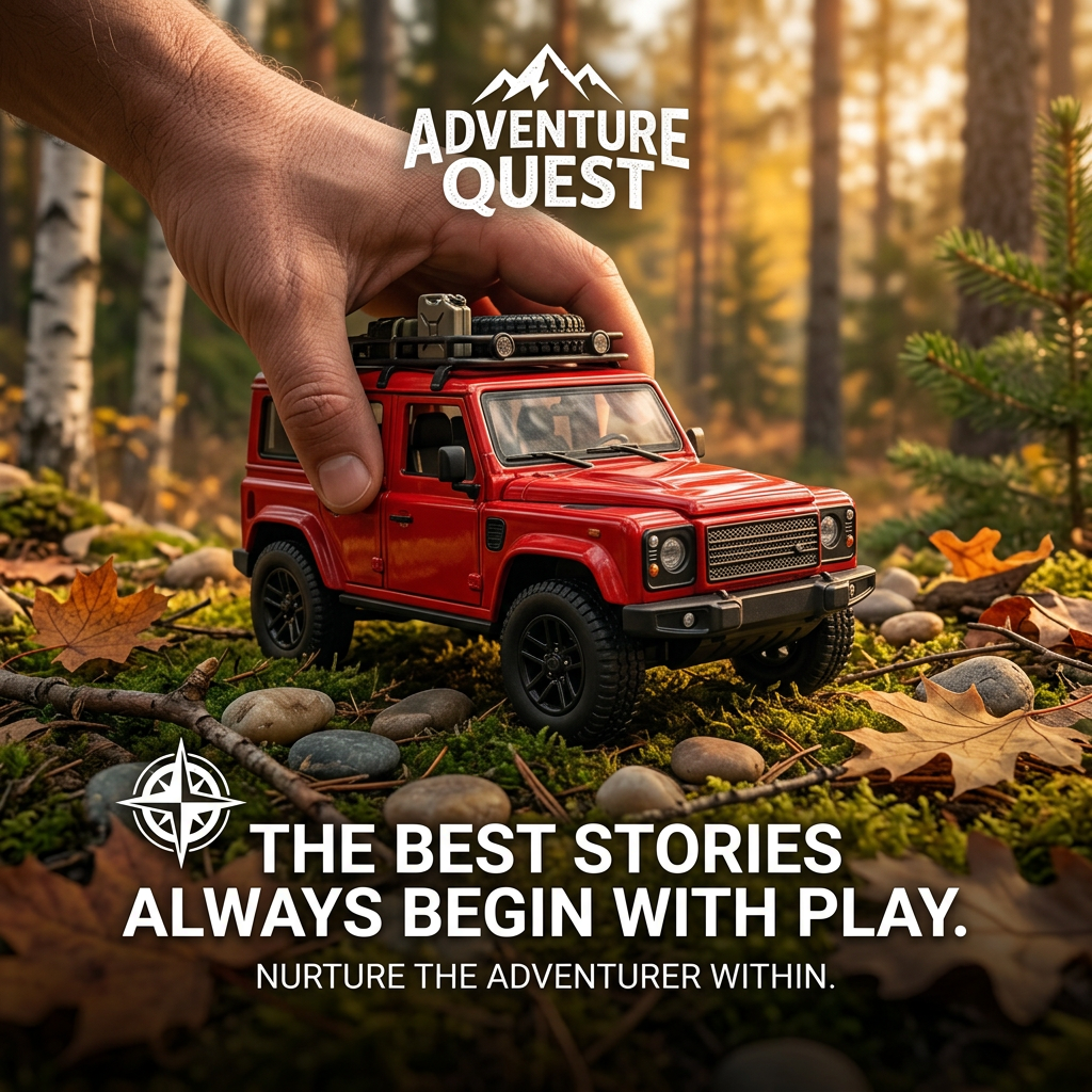 Adult hand pushing a red toy off-road 4x4 with roof rack across moss and autumn leaves in a sunlit birch forest