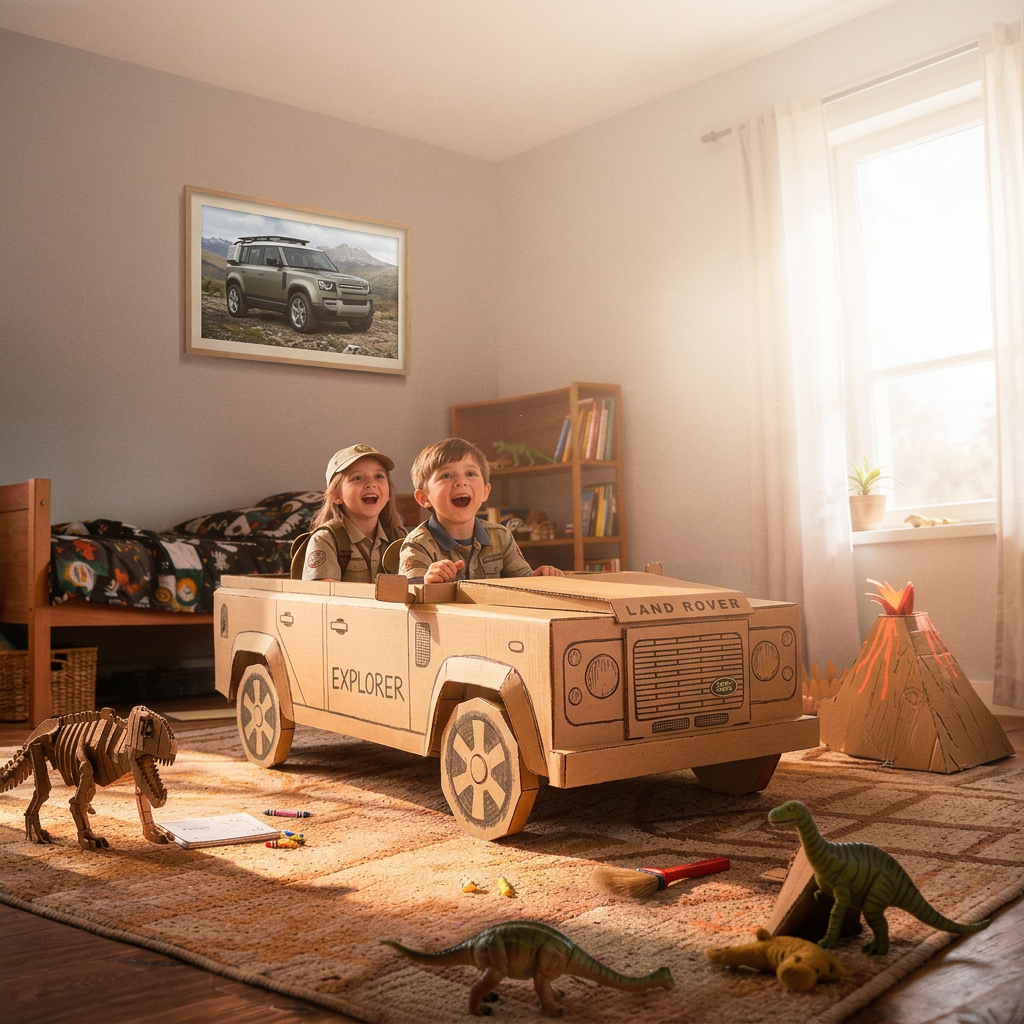 Two laughing kids in safari outfits sit in a cardboard Land Rover in a sunny bedroom with toy dinosaurs and a Defender photo
