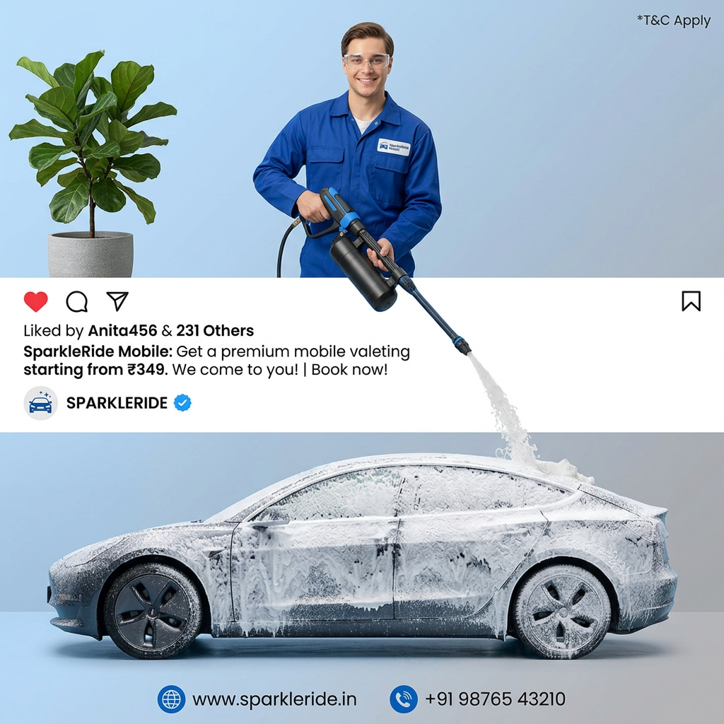 Valeter in blue overalls sprays foam over an Instagram post bar onto a white car covered in suds, light blue background
