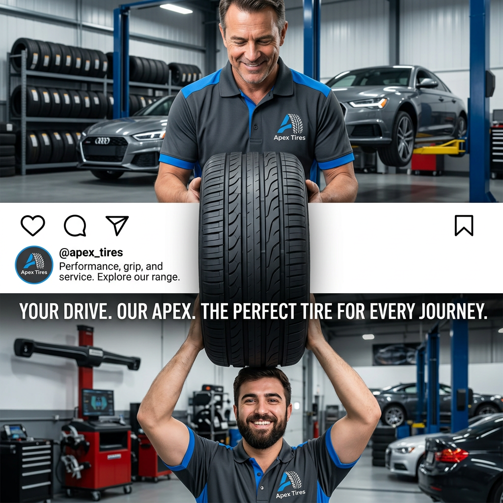 Two smiling mechanics in Apex Tires polos pass a tyre through an Instagram post bar in a tyre workshop