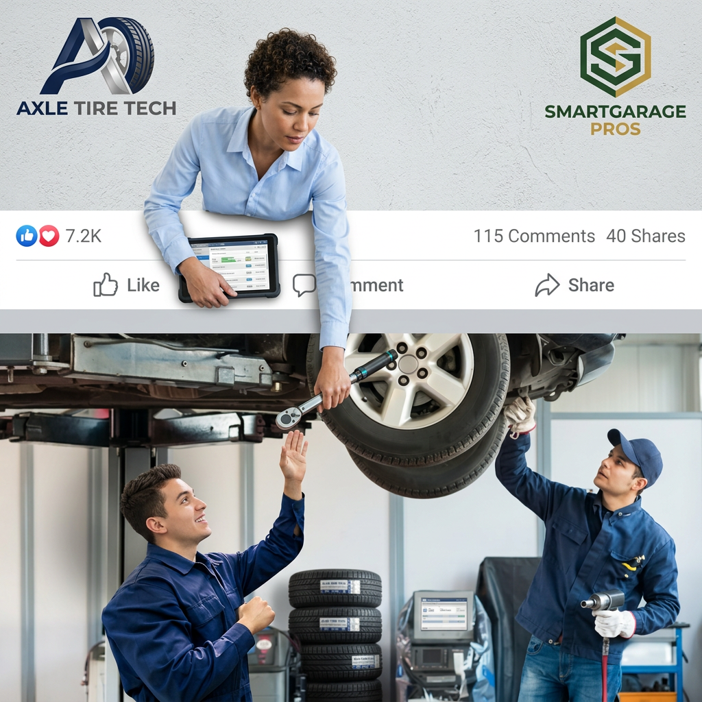 Woman with a tablet leans through a Facebook post bar to pass a torque wrench to mechanics working under a lifted car