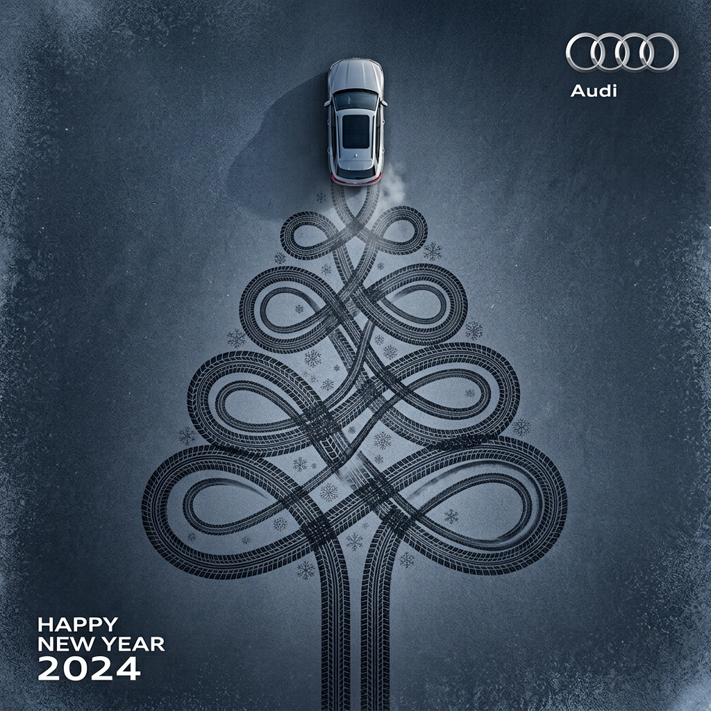 Top-down view of a silver Audi car in snow, its looping tyre tracks forming a Christmas tree, with Happy New Year 2024 text