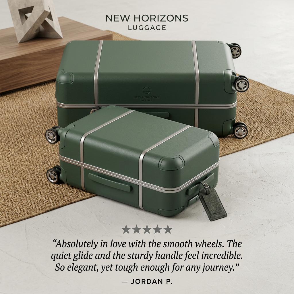 Two forest-green hardshell suitcases on a jute rug with a five-star rating and customer review quote below