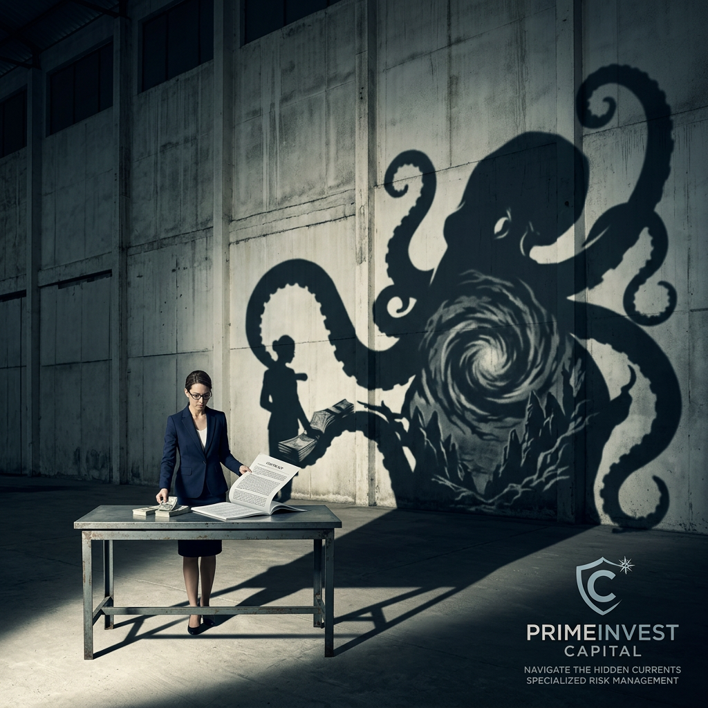 Businesswoman at a metal table with a contract and cash while a giant octopus shadow reaches toward her on a concrete wall