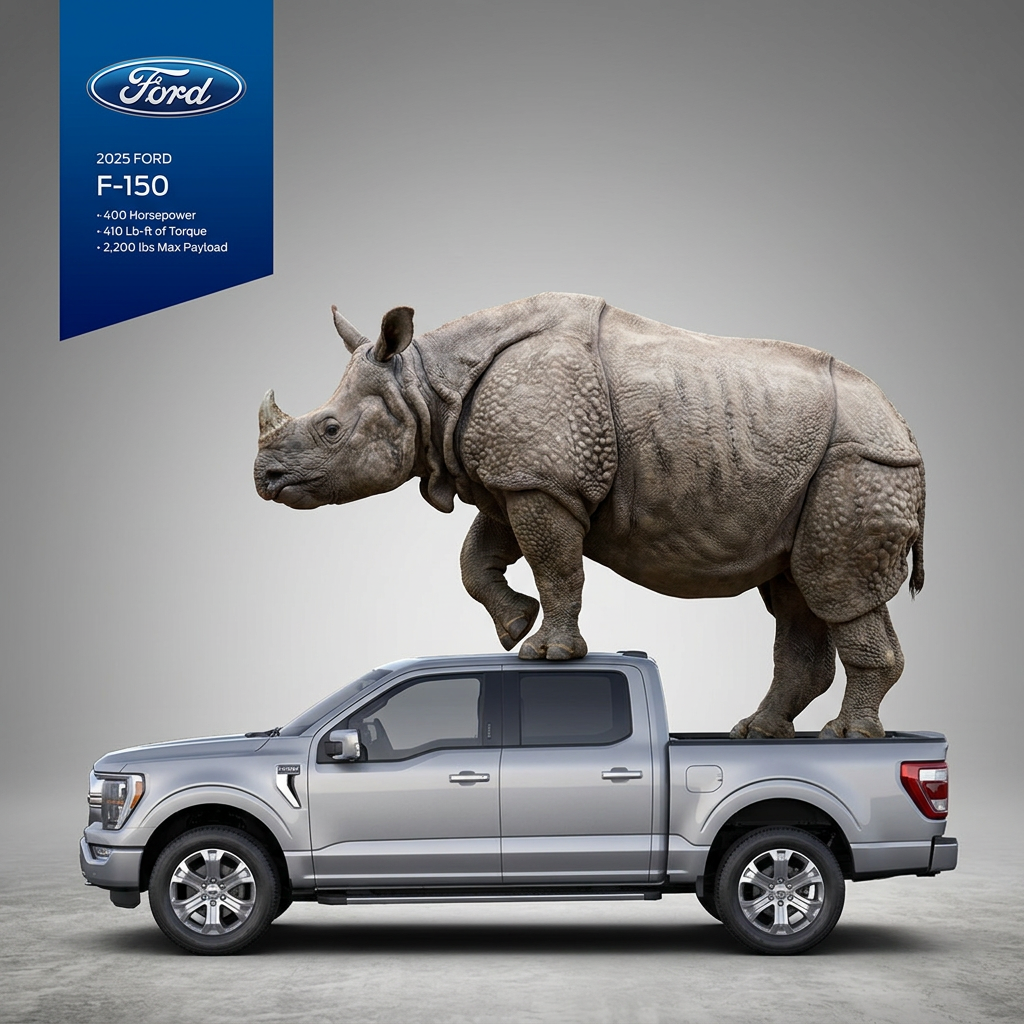 Large rhino standing on the roof and bed of a silver Ford F-150 pickup with a blue spec panel in the top left