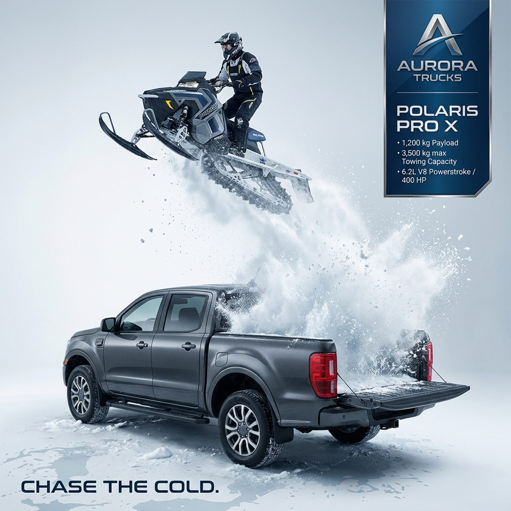 Snowmobile rider jumping out of a dark grey pickup truck bed in a burst of snow with a blue spec panel top right
