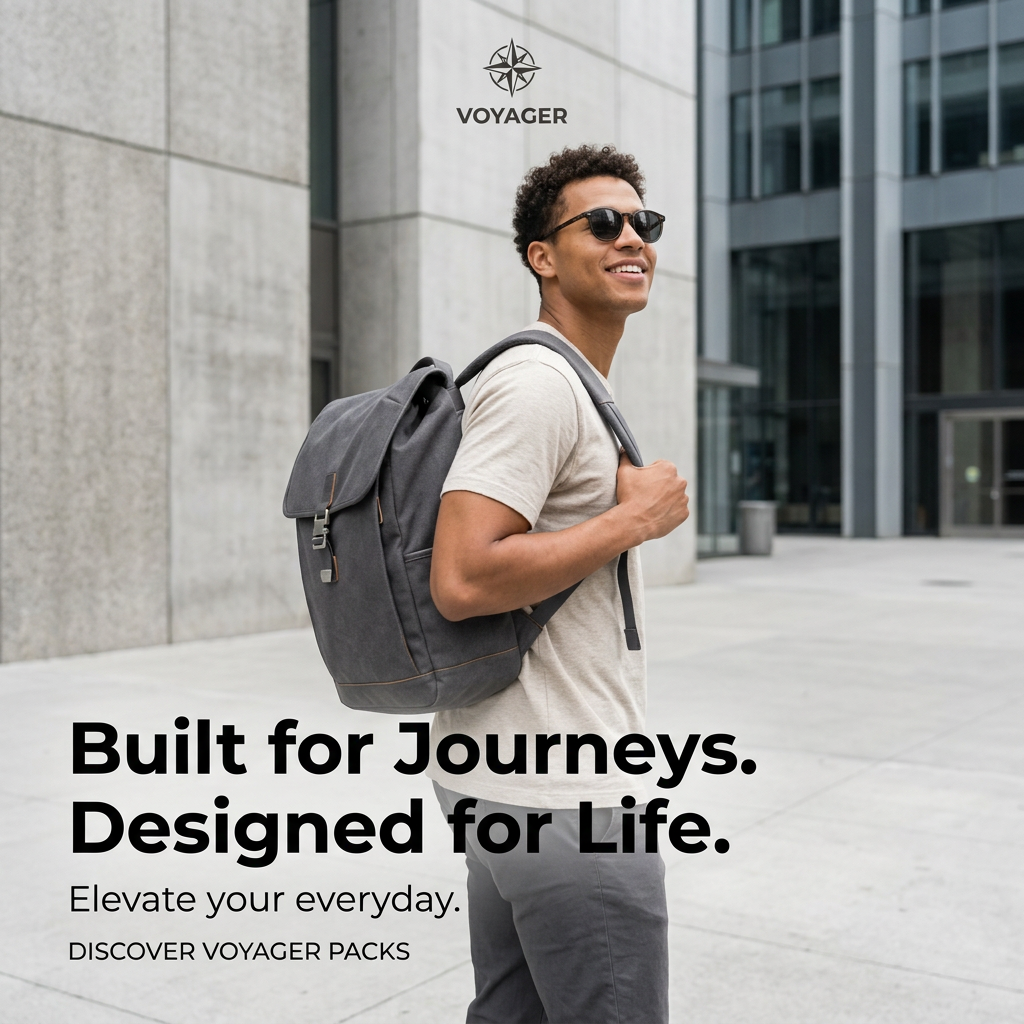 Smiling young man in sunglasses and a beige t-shirt wearing a grey canvas backpack in a modern concrete city plaza