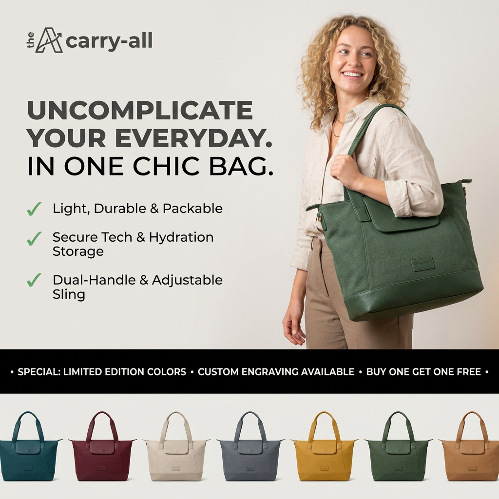 Smiling woman with a green canvas tote, ticked benefits, a black BOGO offer banner and seven tote colours