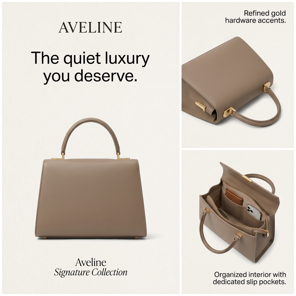 Taupe leather top-handle handbag shown front-on with close-ups of gold hardware and the organised interior with pockets