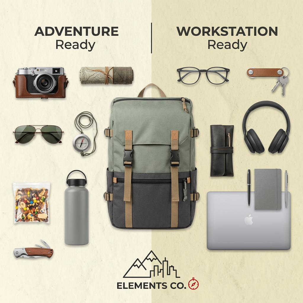 Sage and charcoal backpack in a flat lay with outdoor gear on the left and laptop and office items on the right