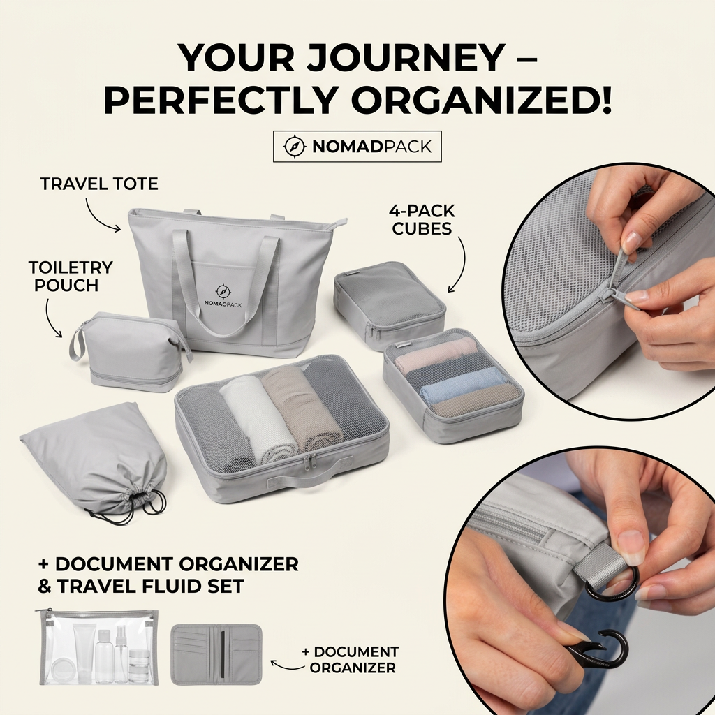 Grey travel organiser set with tote, toiletry pouch, packing cubes and laundry bag, arrow labels and zoomed details