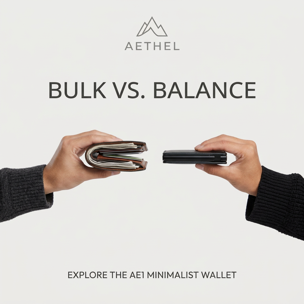 Two hands side by side, one holding a bulky overstuffed brown wallet and the other a slim black minimalist wallet