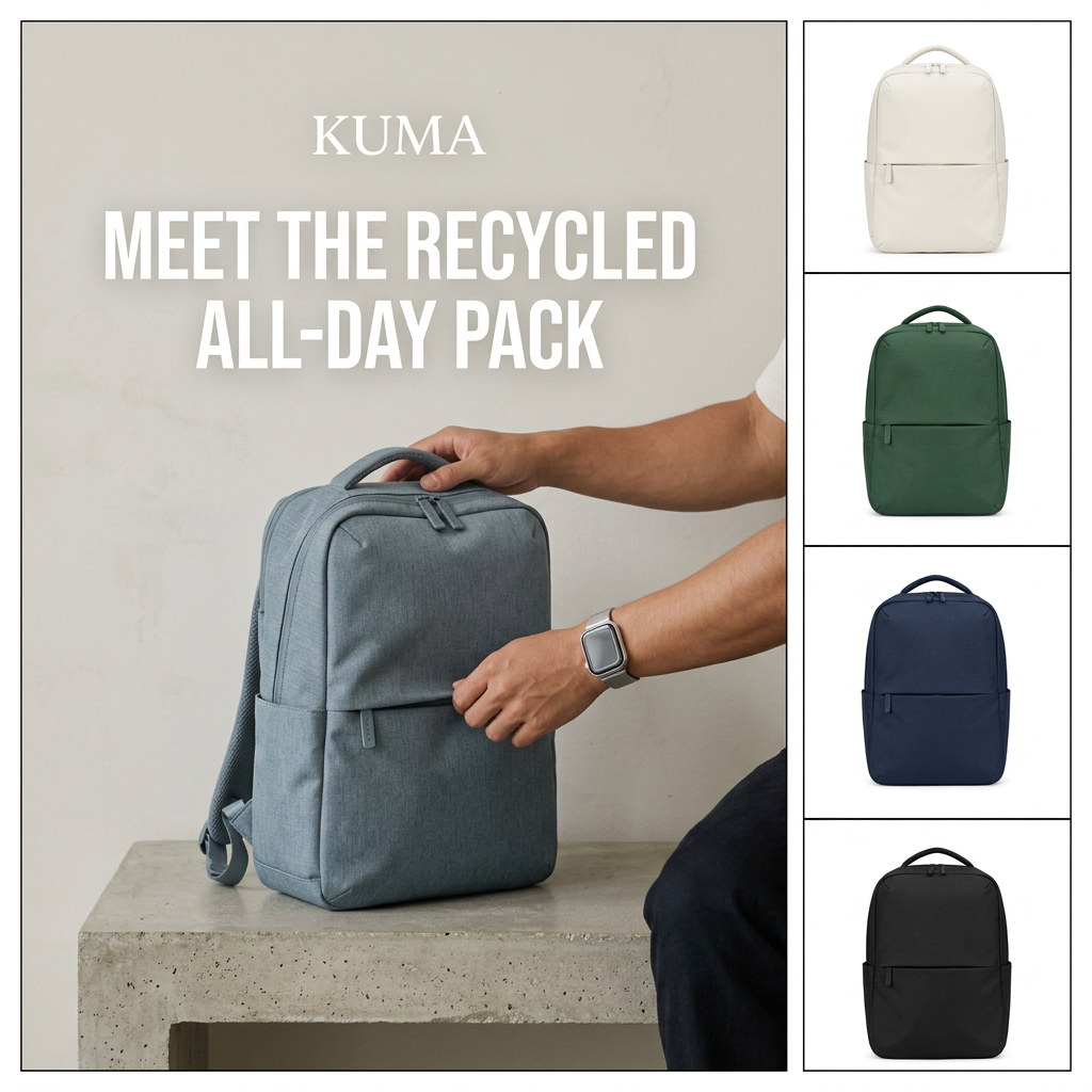 Hands opening a grey-blue recycled backpack on a concrete bench, with cream, green, navy and black versions beside it