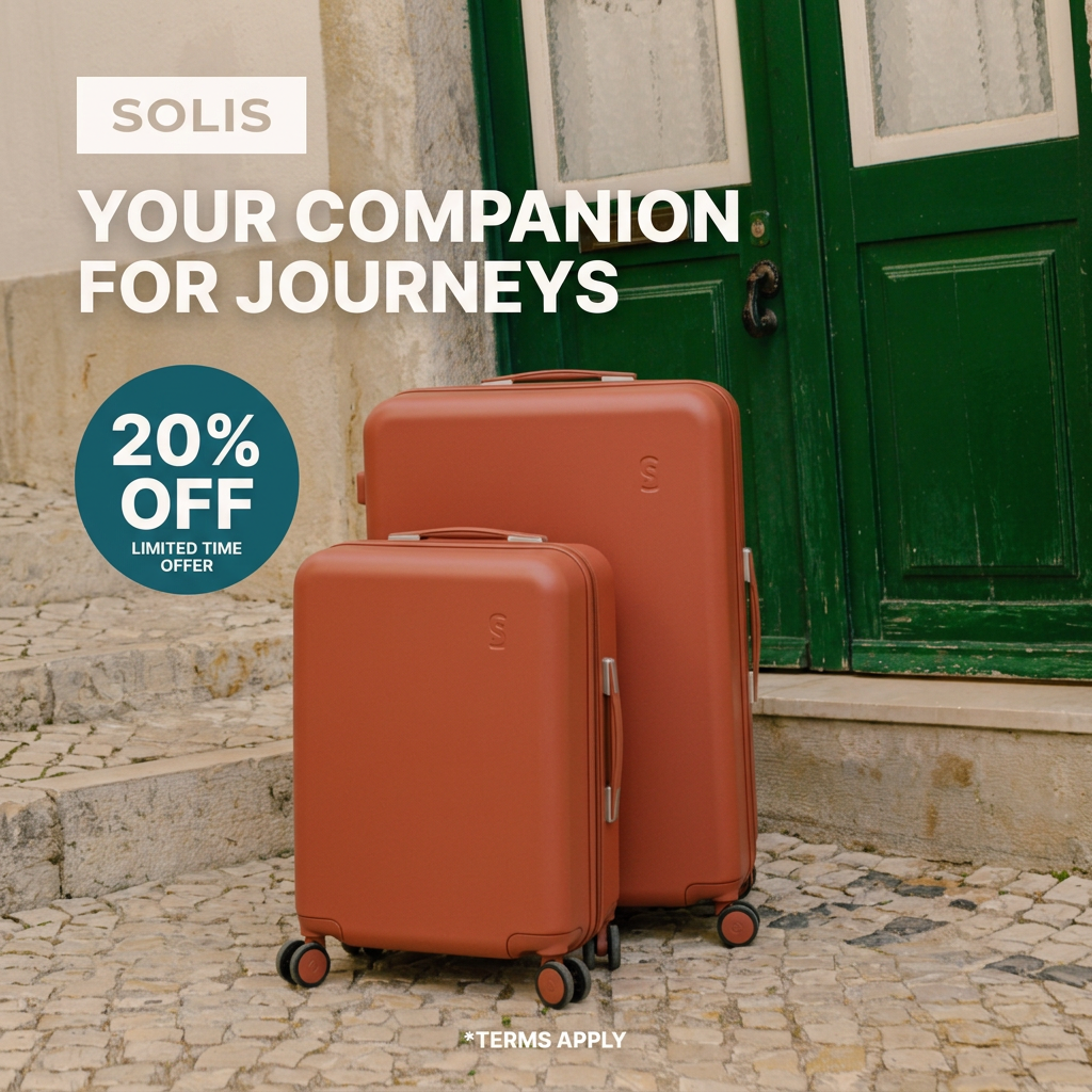 Two terracotta hard-shell suitcases on a cobbled street by a green door with a teal 20% off limited time offer badge