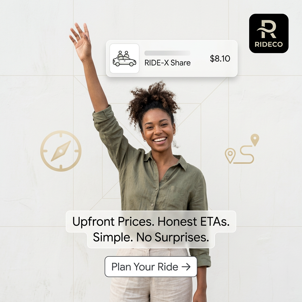 Smiling woman raising her hand to hail a ride, with an app card showing RIDE-X Share for $8.10 and a Plan Your Ride button