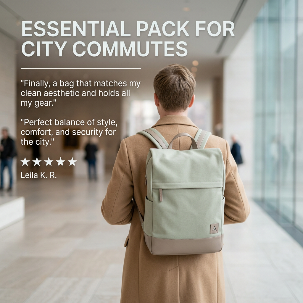 Man in camel coat from behind wearing a sage-green backpack in a bright atrium, with two quotes and five stars
