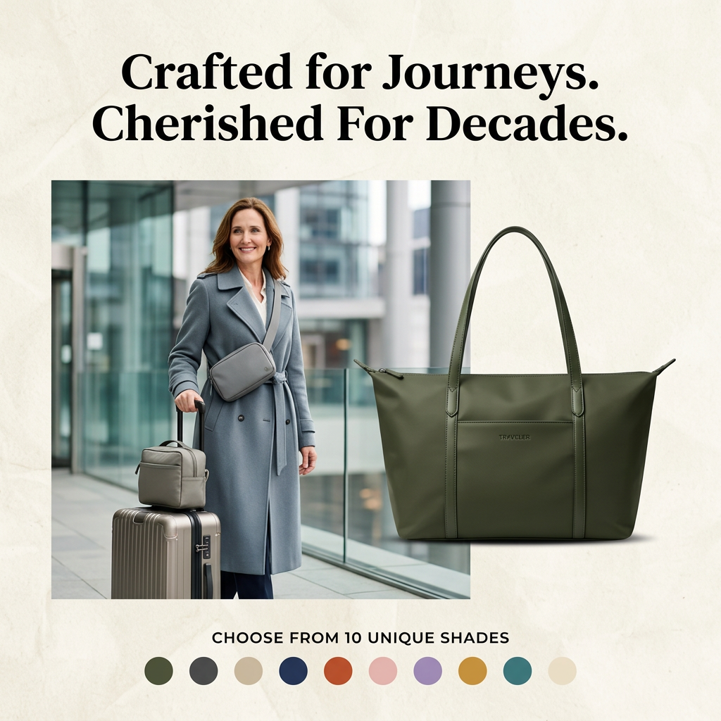 Smiling woman with luggage at an airport next to an olive green tote bag, with ten colour swatches below