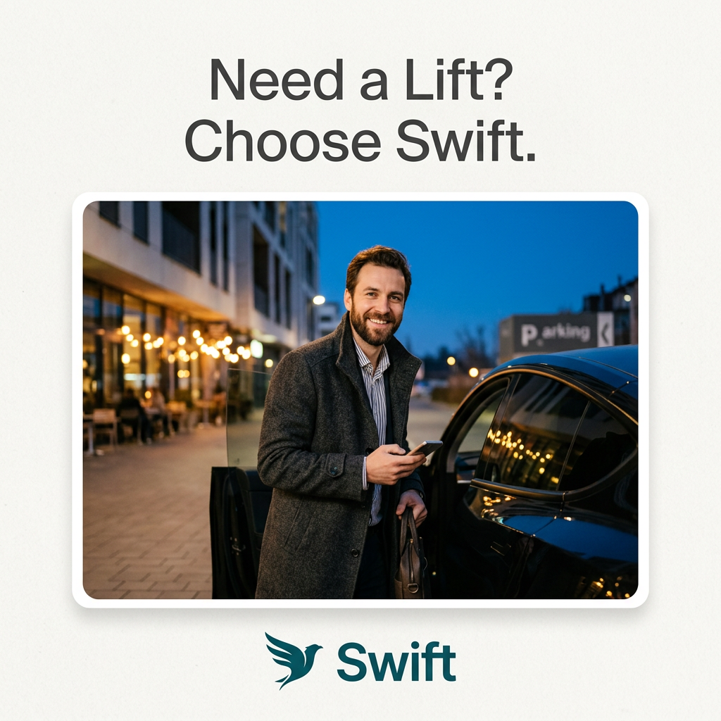 Smiling man with phone beside an open black car door on an evening street, headline Need a Lift? Choose Swift