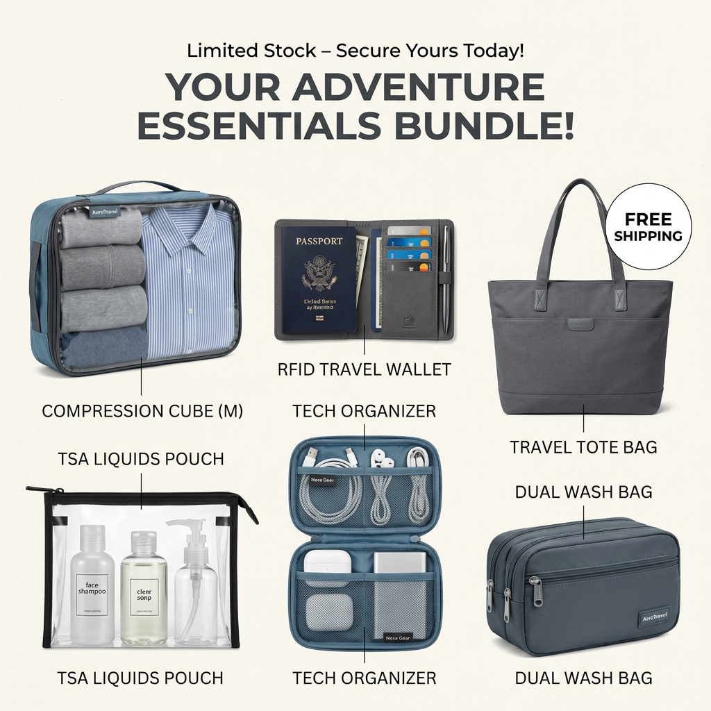 Six labelled travel organisers: packing cube, RFID wallet, tote, TSA liquids pouch, tech organizer and wash bag