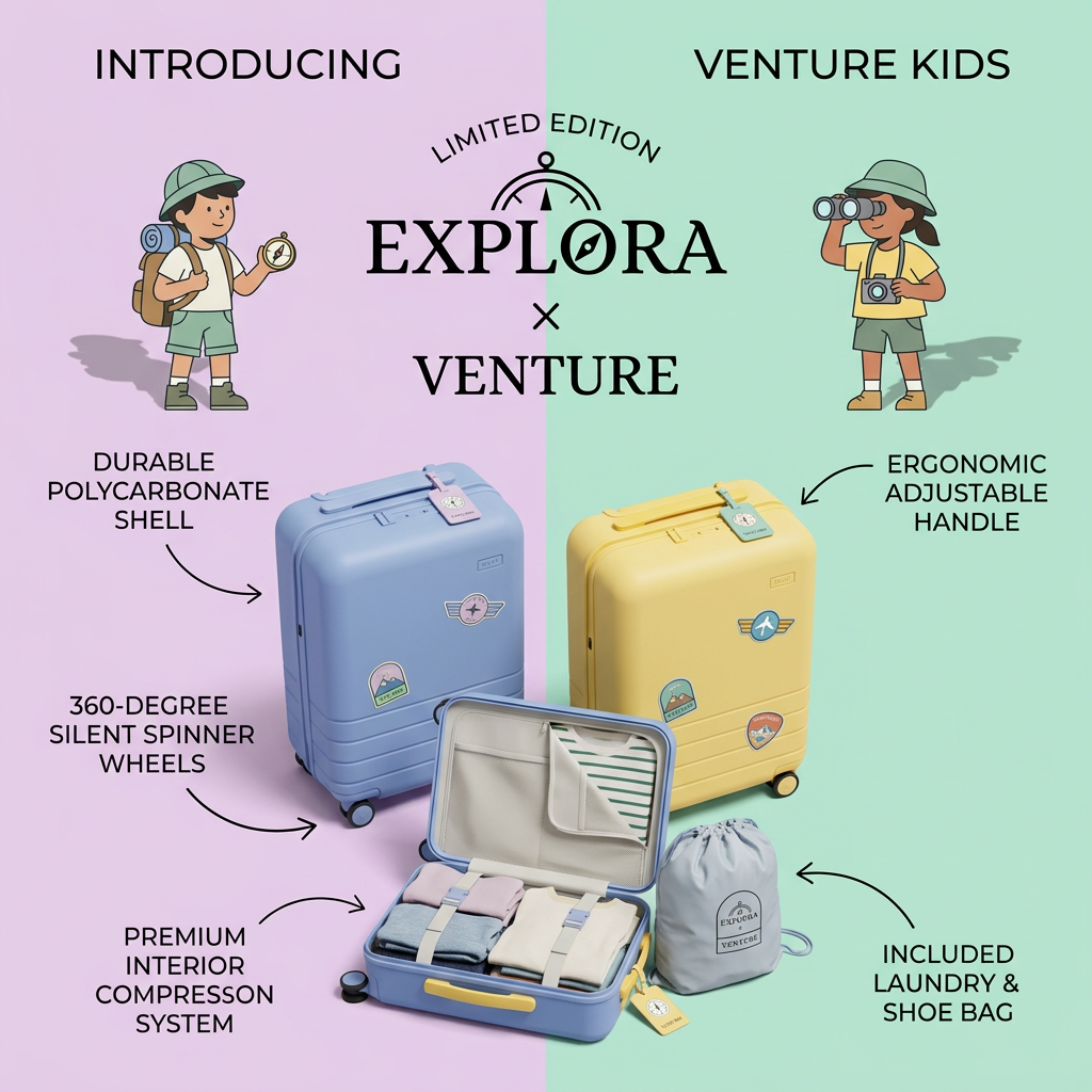 Blue and yellow kids' suitcases, one open, on a lilac and mint background with illustrated explorers and labels