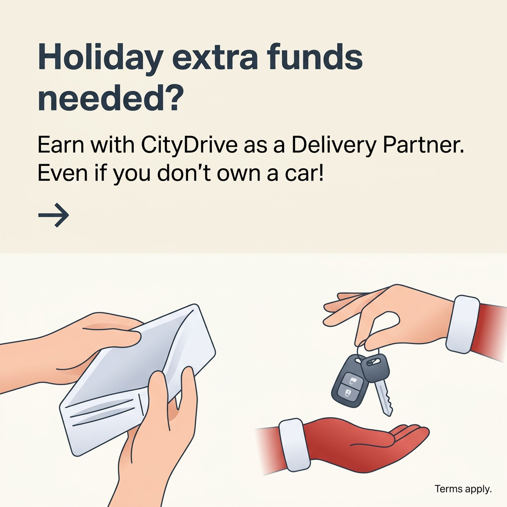 Illustrated ad: hands opening an empty wallet next to a Santa-sleeved hand handing over car keys, holiday earnings headline
