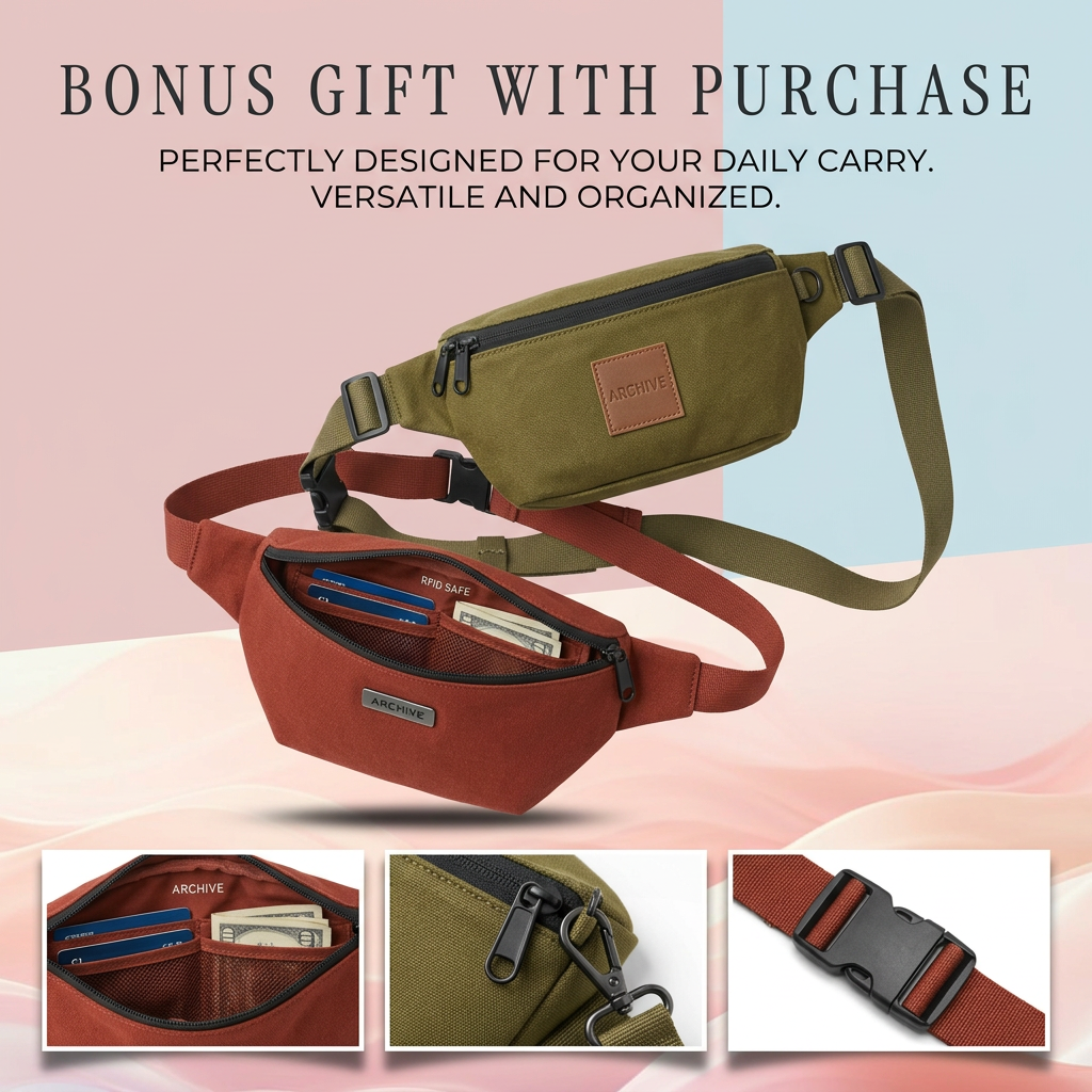 Olive and rust canvas belt bags floating over a pink and blue background, with three close-ups of pocket, clip and buckle