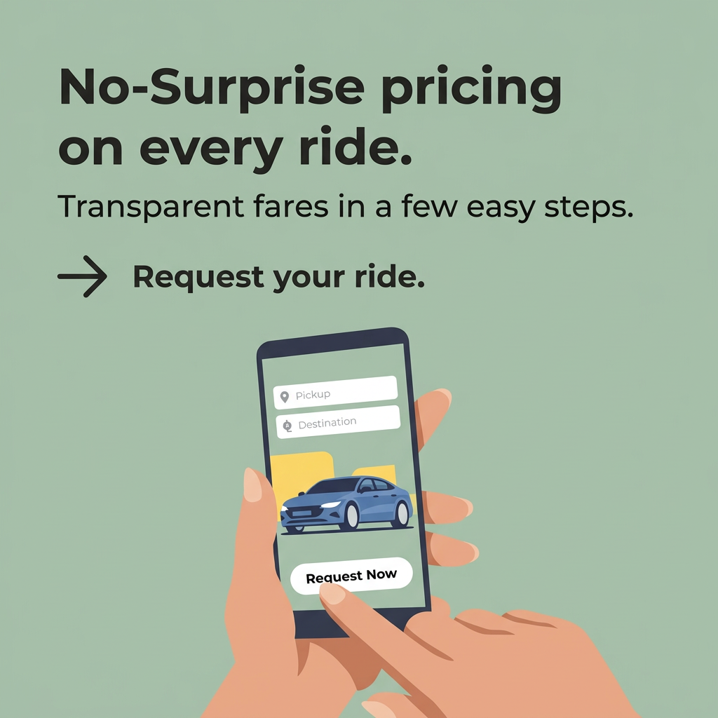 Illustrated hand holding a phone with pickup and destination fields, a blue car and a Request Now button on sage green