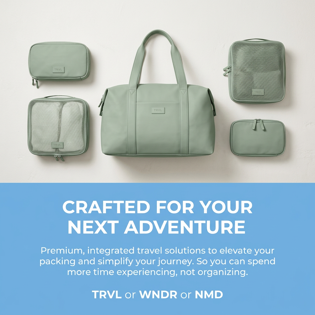 Sage-green duffel bag, mesh packing cubes and zip pouches in a flat lay above a blue panel with travel headline