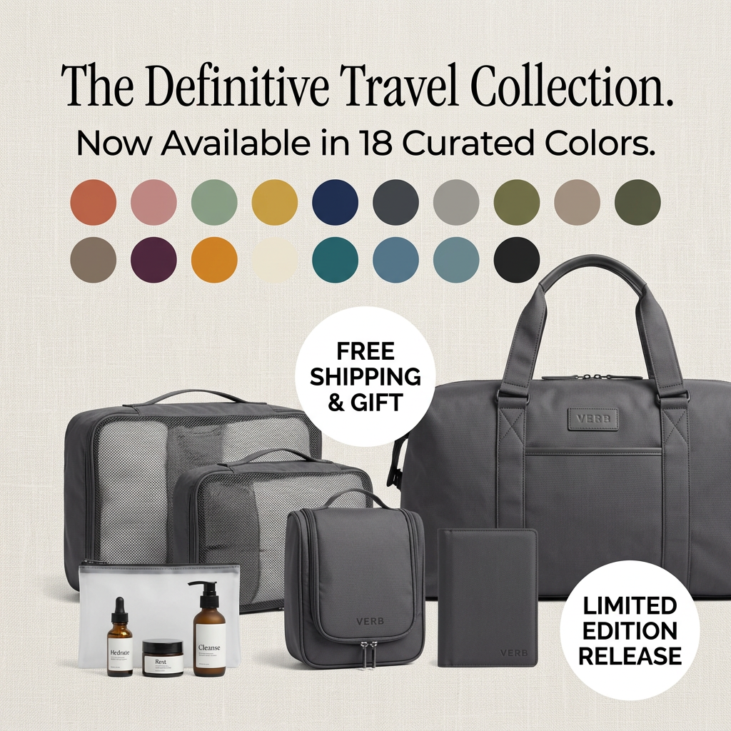Charcoal duffel, packing cubes, toiletry bag and passport wallet below 18 colour swatches, free shipping and limited badges