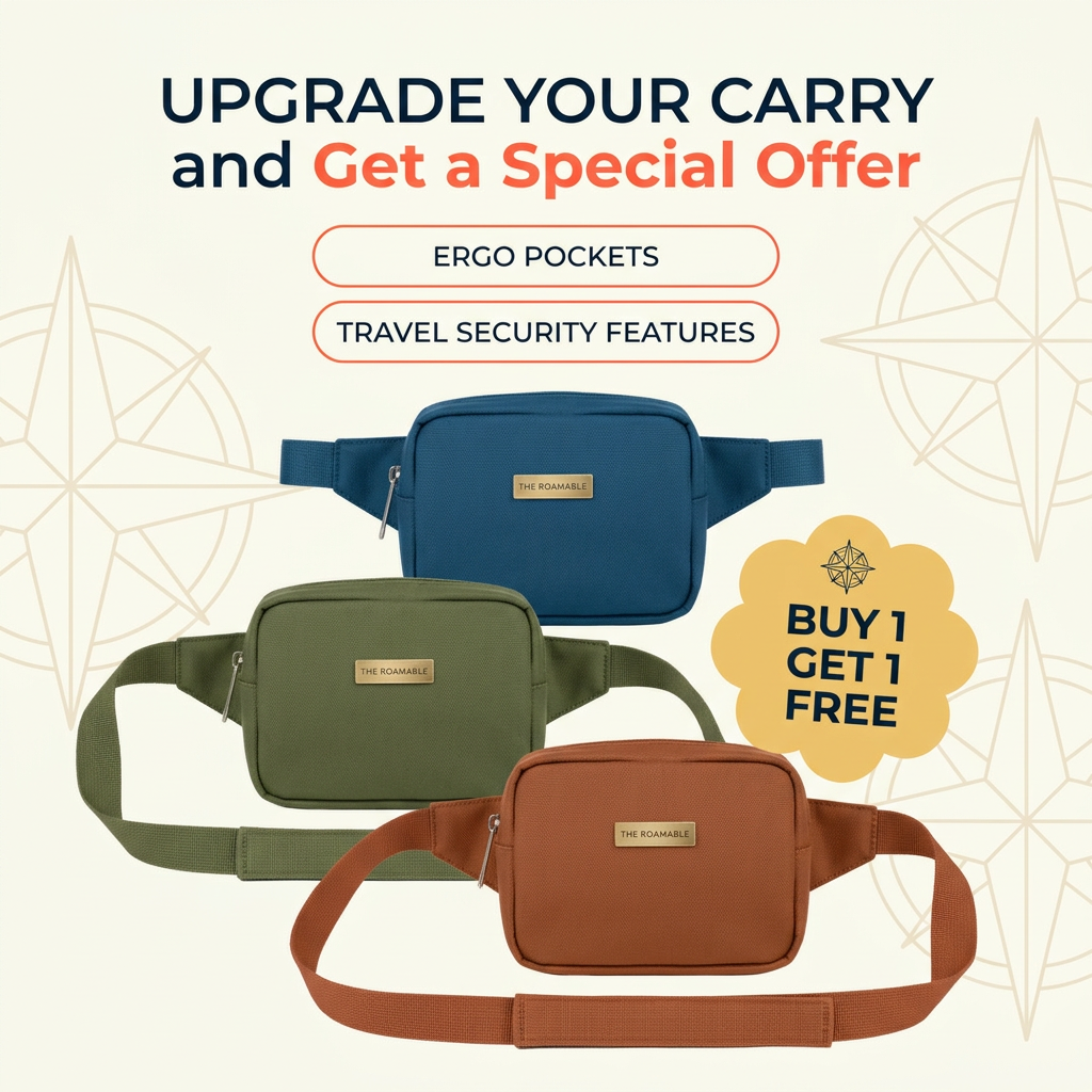 Blue, olive and rust belt bags stacked on a cream background with compass motifs and a yellow Buy 1 Get 1 Free badge
