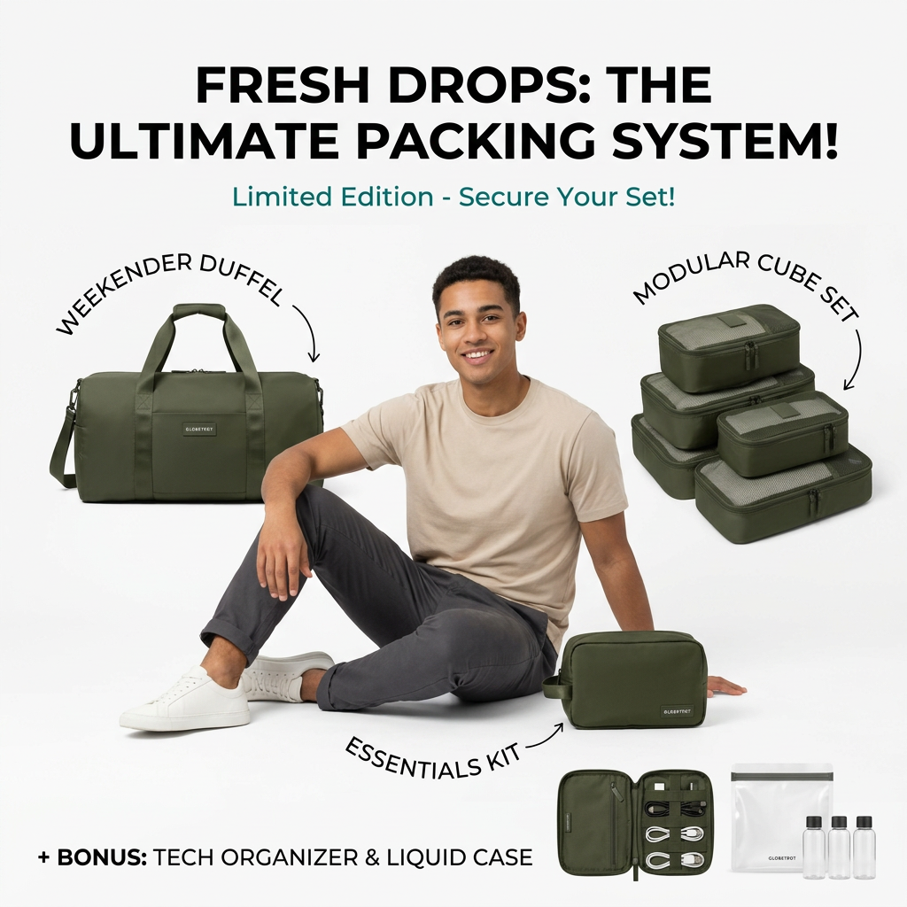 Smiling man seated on white floor, surrounded by olive duffel, packing cubes and essentials kit with handwritten labels