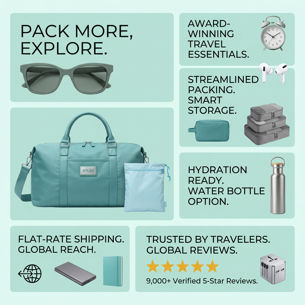 Mint bento grid ad with teal duffel, packing cubes, water bottle, sunglasses and five-star rating tile for travel essentials