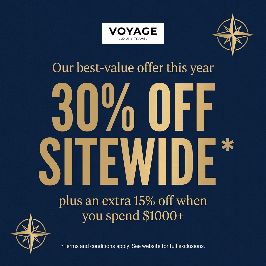 Navy background with large gold text reading 30% off sitewide, Voyage Luxury Travel logo and gold compass star icons