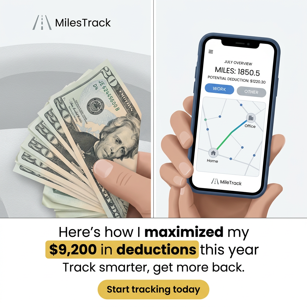 Split image of a hand holding $20 bills next to a phone showing a mileage app with 1850.5 miles and a $1220.30 deduction