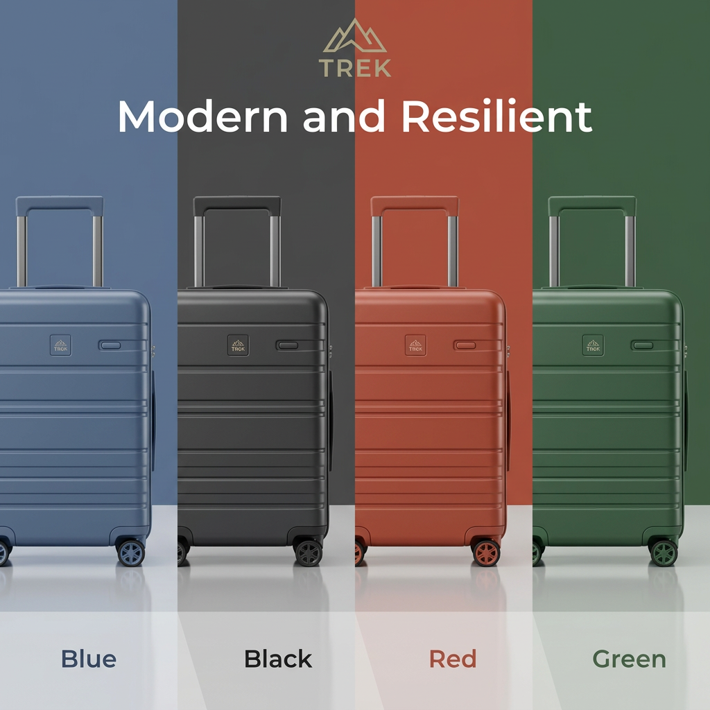 Four hard-shell carry-on suitcases in blue, black, red and green on matching colour panels, headline Modern and Resilient