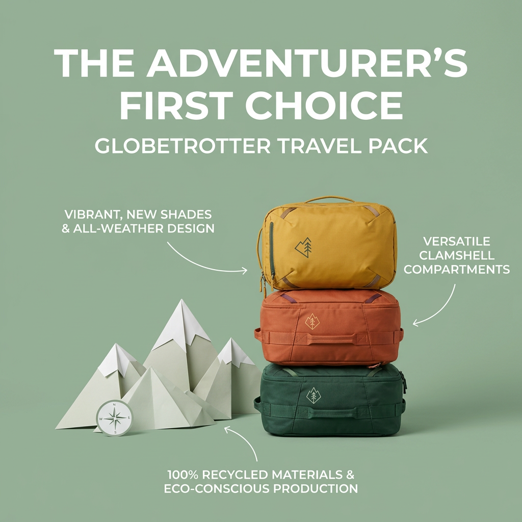 Three travel packs in mustard, orange and green stacked beside paper mountains and a compass, with three feature callouts
