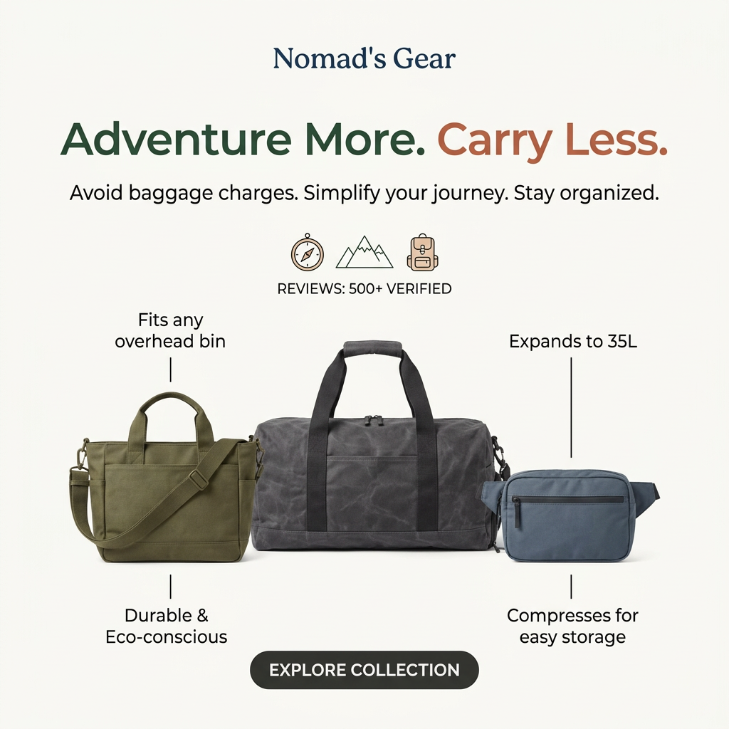 Olive tote, charcoal duffel and blue hip pack in a row with callouts and the headline Adventure More. Carry Less.