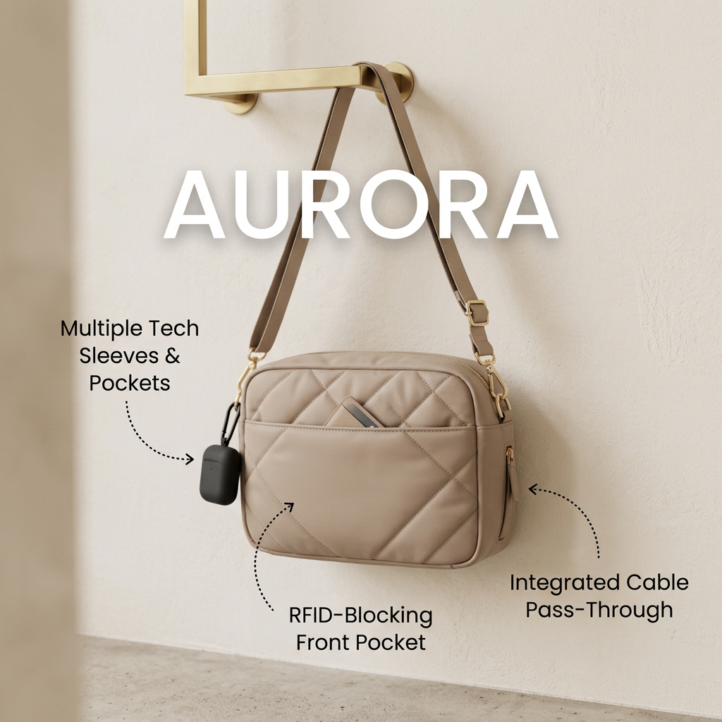 Quilted taupe crossbody bag hanging on a brass hook, with callouts for tech sleeves, RFID pocket and cable pass-through