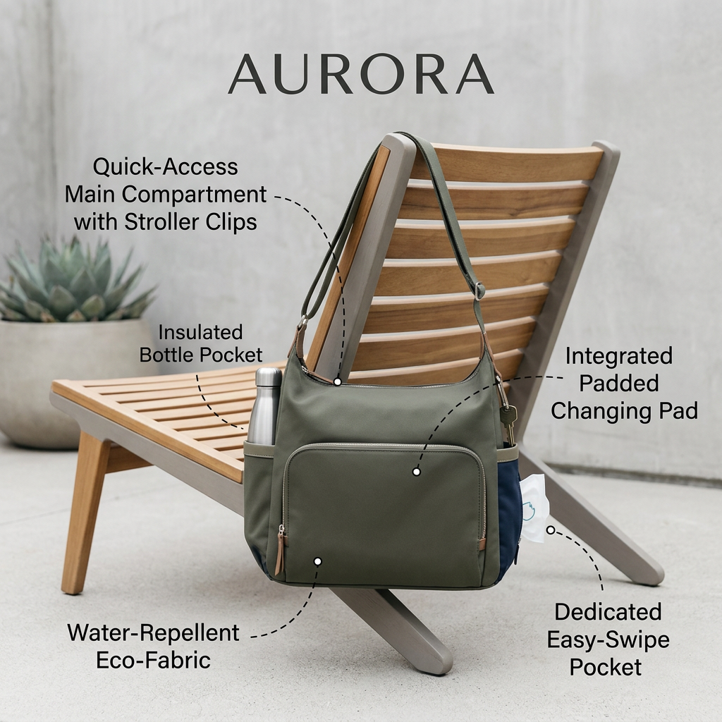 Olive diaper bag hanging on a wooden lounge chair with a bottle and wipes, with five dotted feature callouts
