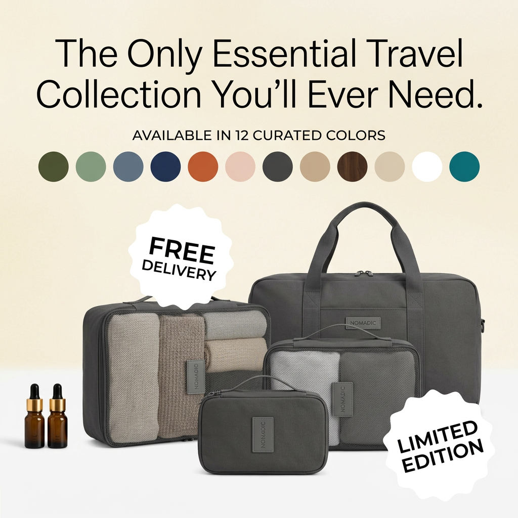 Charcoal duffel, packing cubes and toiletry case with 12 colour swatches and Free Delivery and Limited Edition badges