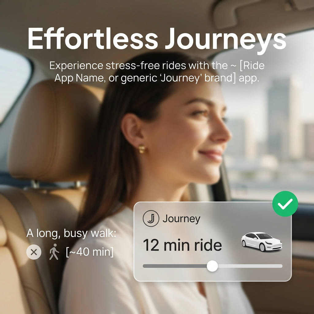 Smiling woman in a car back seat with an app card showing a 12 min ride versus a crossed-out 40 min walk