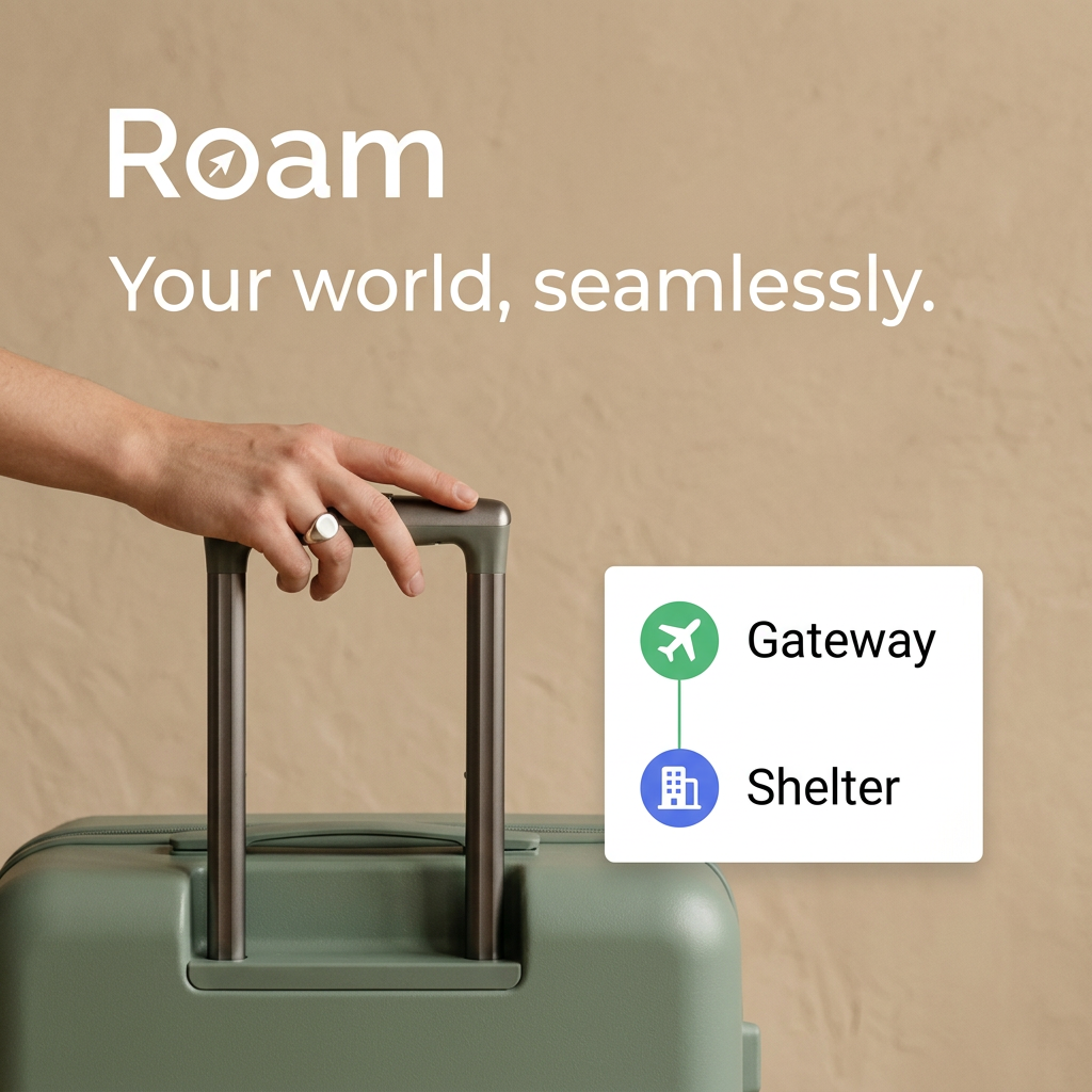Hand holding a sage green suitcase handle against a sand wall, with Roam logo and a flight and hotel itinerary card